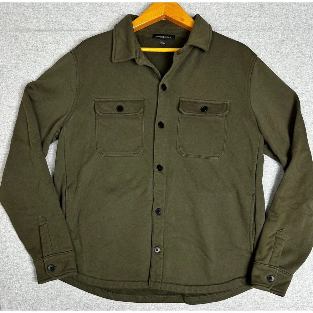 Banana Republic French Terry Shirt Jacket Mens L Green Button Up Organic